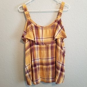 Maurices Yellow & Purple Plaid Cold Shoulder Blouse